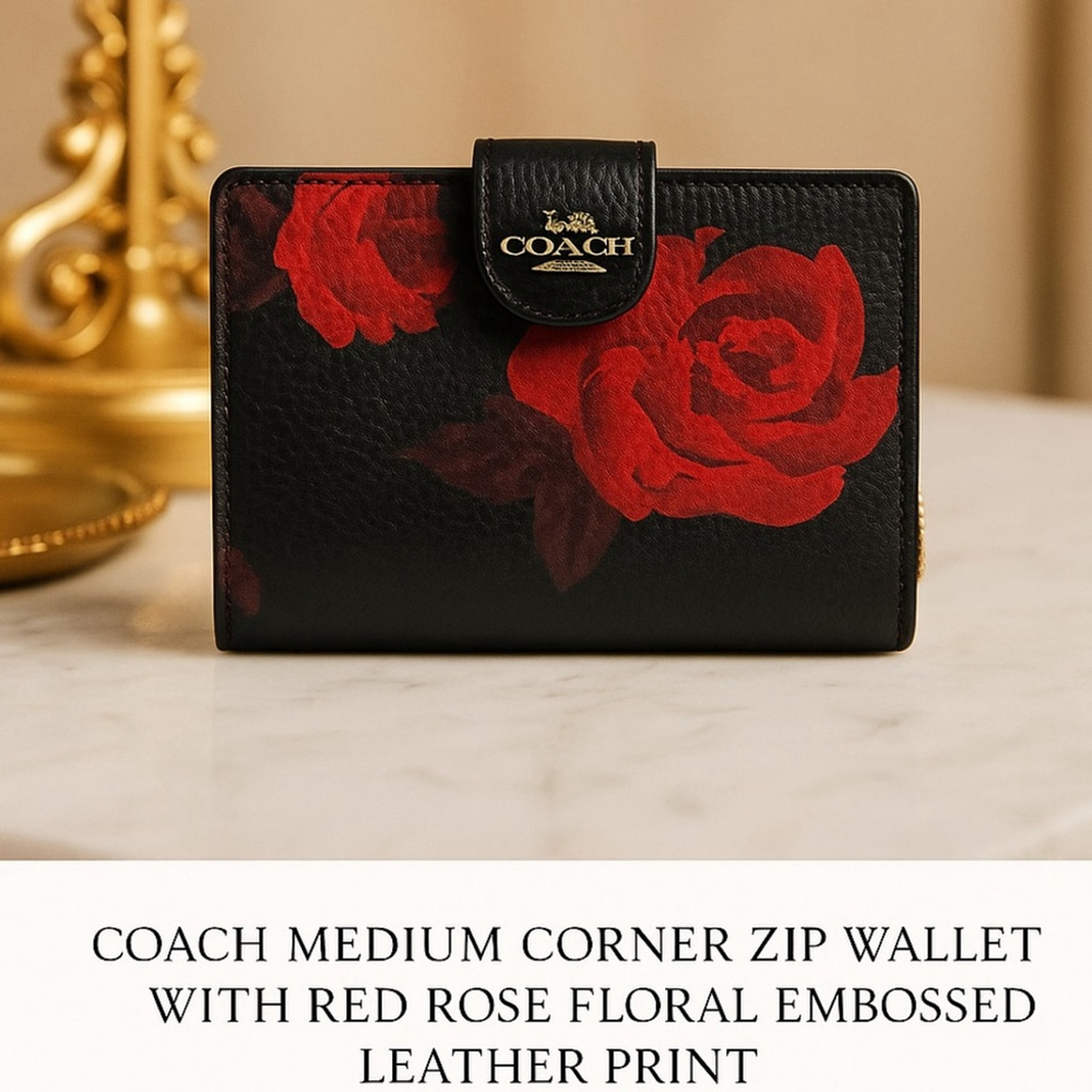 NEW Coach Medium Corner Zip Wallet Red Rose Floral Leather CCL63 NWT